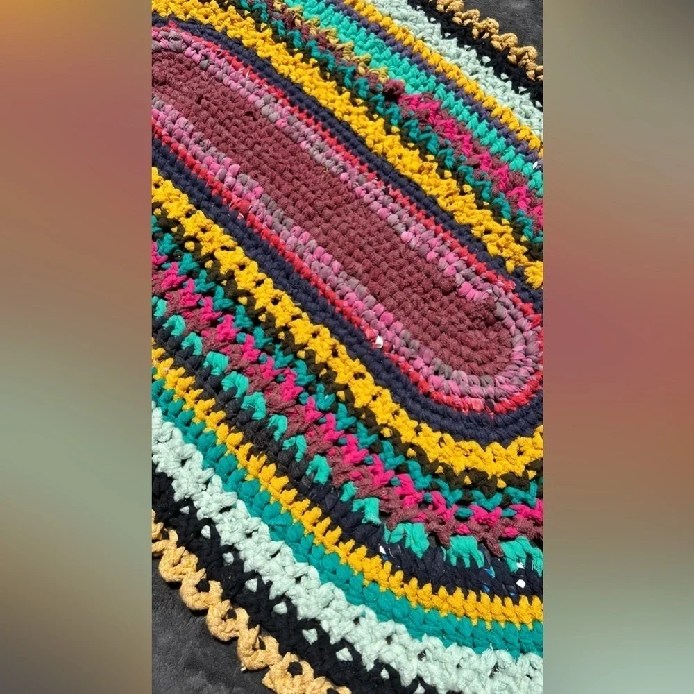 HANDMADE crochet upcycled recycled bohemian multicolor mat Sz 35